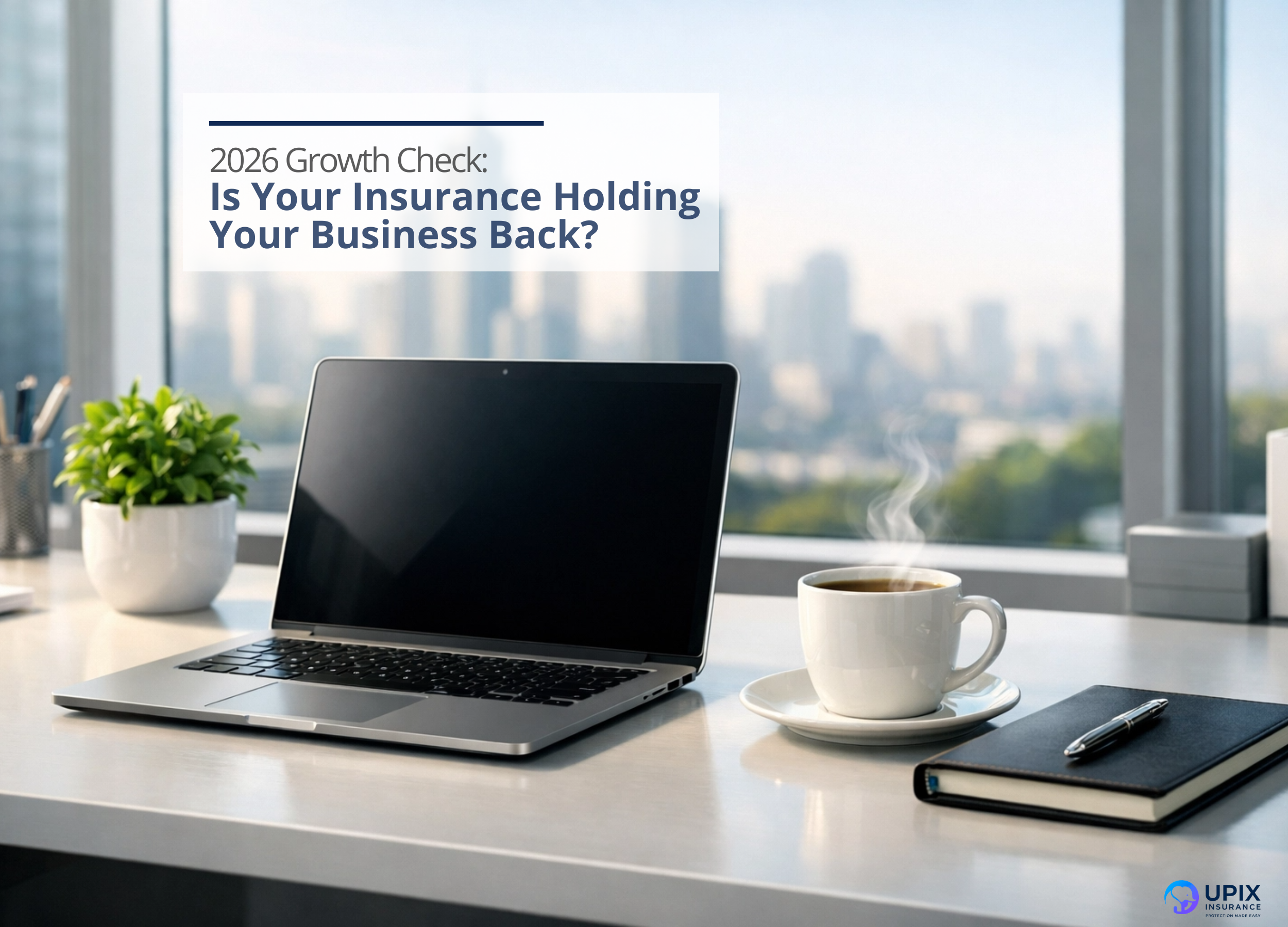 A modern office desk with a laptop, steaming coffee, and notebook overlooking a city skyline, featuring text for a 2026 business insurance growth check by UPIX Agency.
