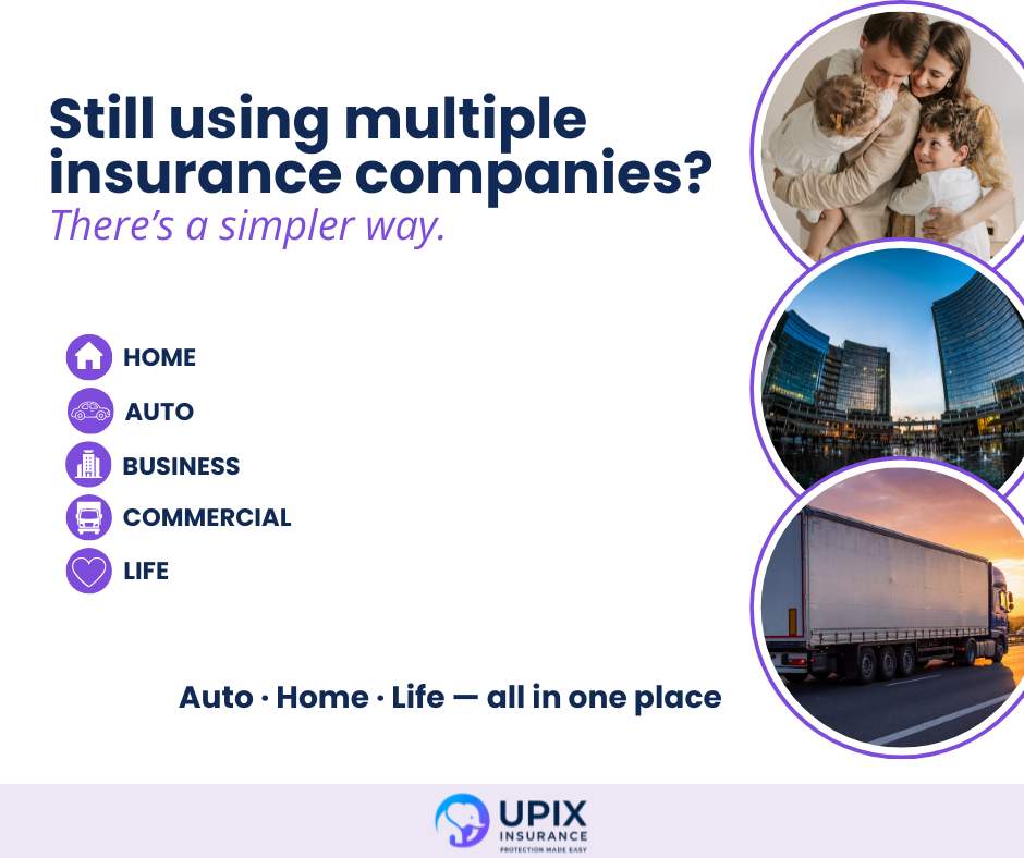 Graphic showing multiple insurance services including home, auto, business, commercial, and life coverage offered under one agency in New Jersey