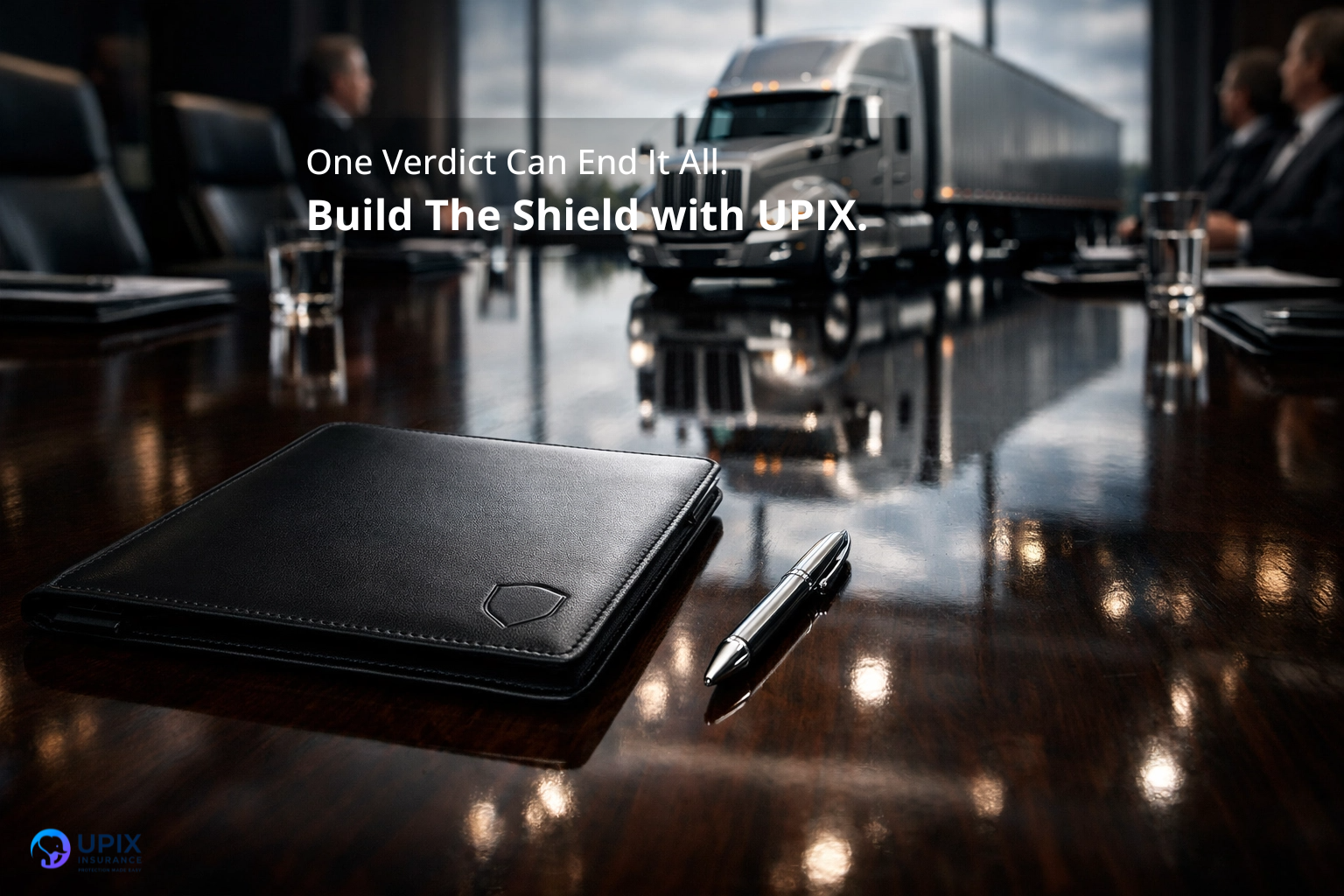 A professional gavel resting on a stack of commercial insurance documents, symbolizing legal protection for trucking companies.