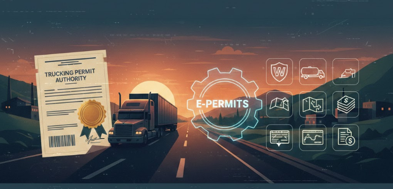 Illustration of a highway with a truck, sunset in the background, and digital icons representing e-permits and transportation regulations.