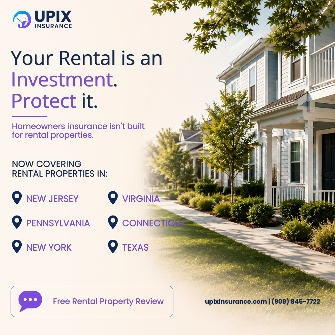Graphic promoting UPIX rental property and landlord insurance across NJ, NY, CT, PA, VA, and TX