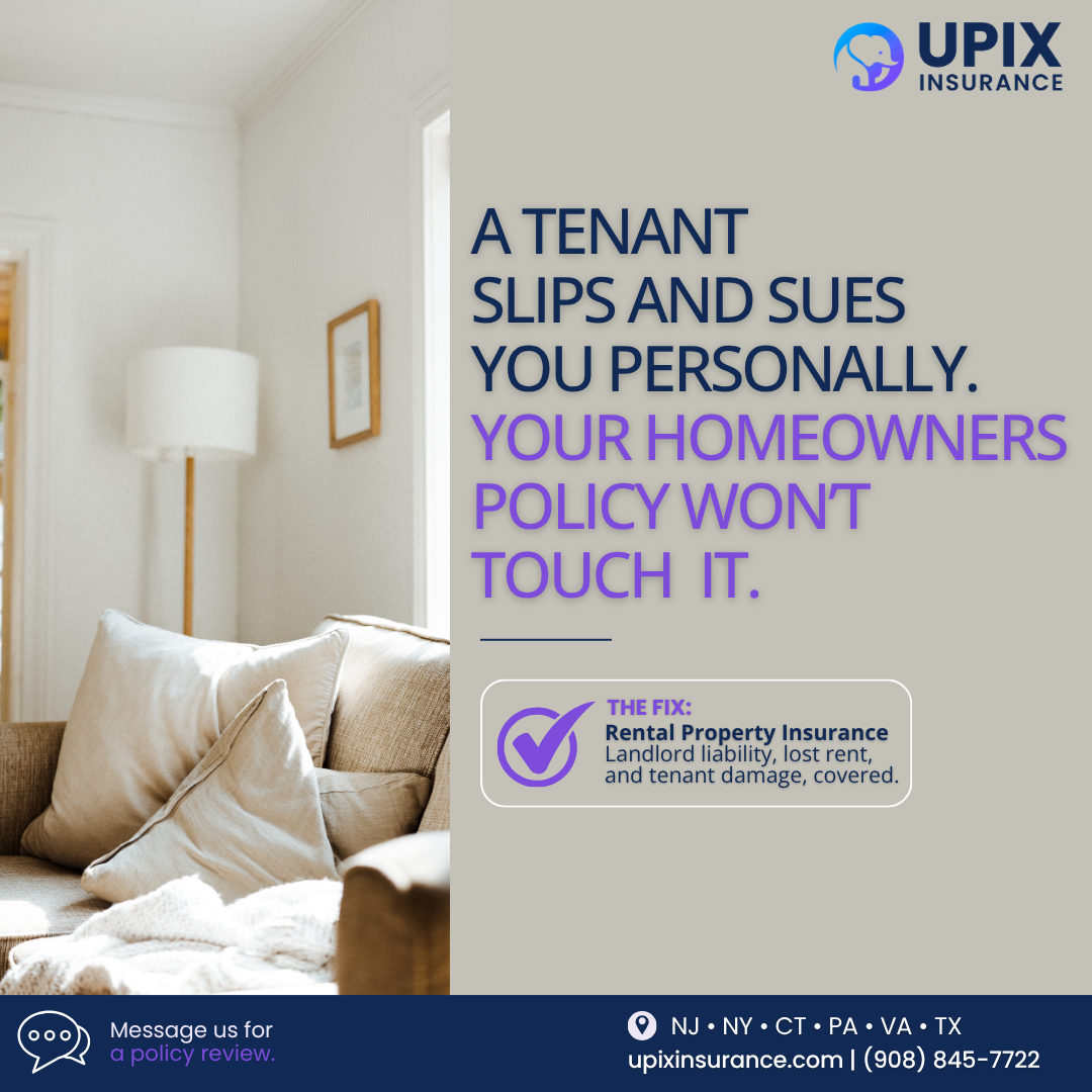 Graphic posing the problem of tenant liability lawsuits and offering UPIX landlord insurance as the fix