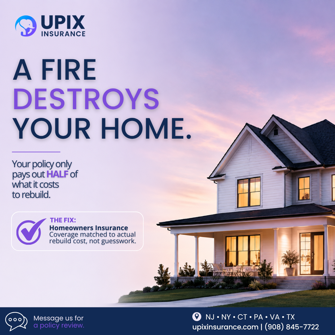 Graphic posing the problem of storm damage to an unfinished structure and offering UPIX ground-up construction insurance as the fix