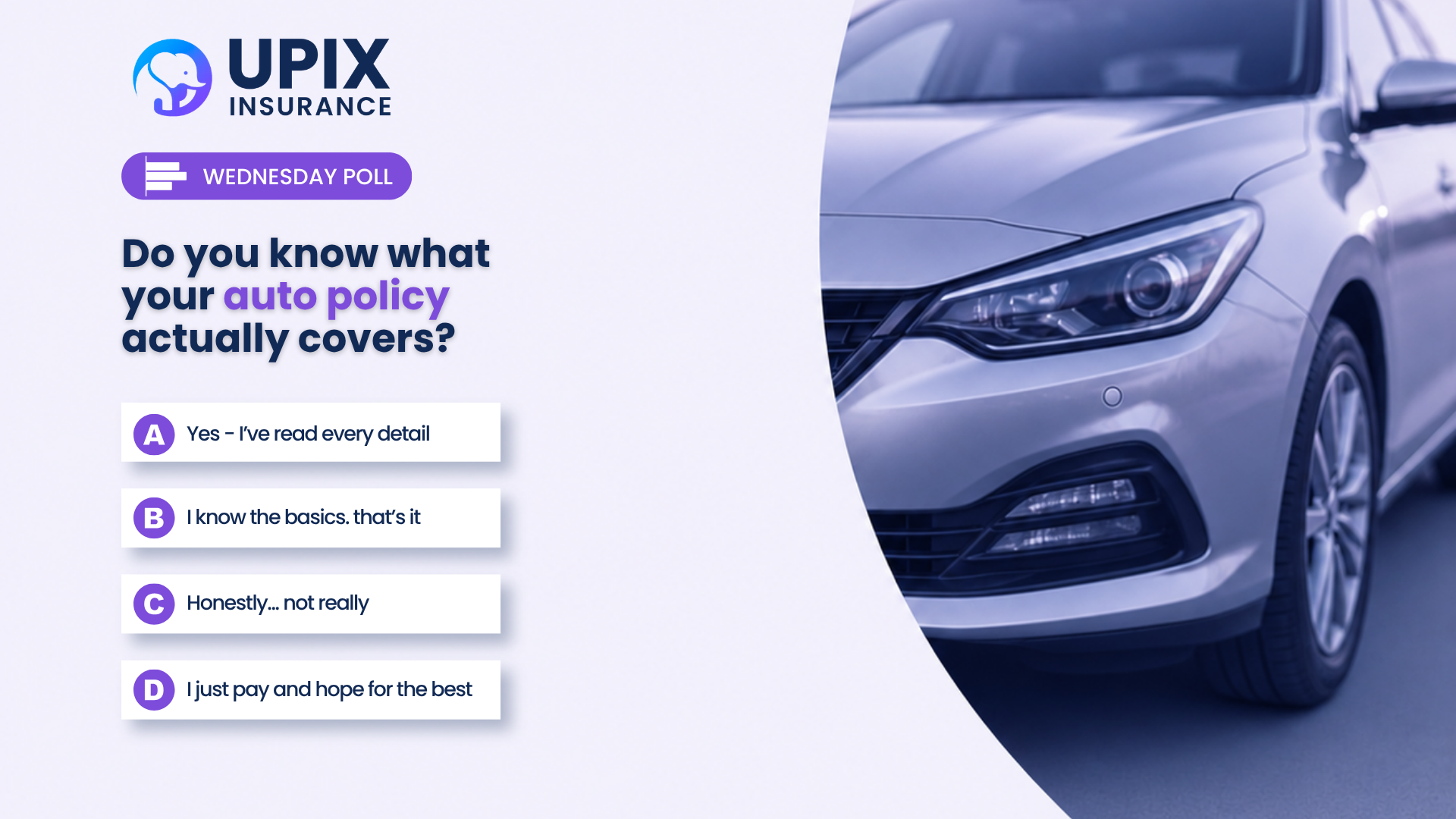 : UPIX Insurance poll graphic asking NJ drivers if they know what their auto policy covers, with four multiple choice answers