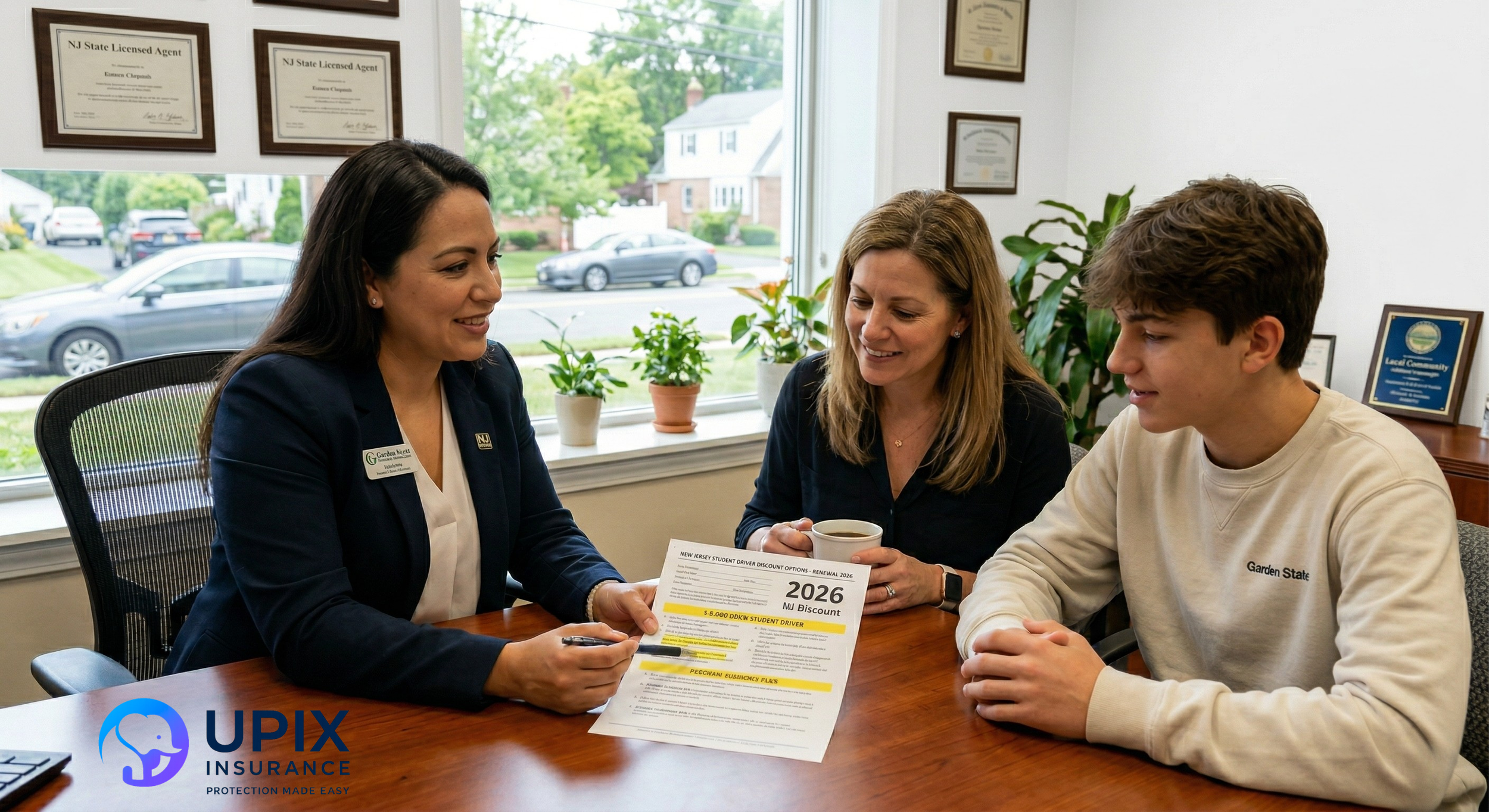 Licensed NJ insurance agent in a local office providing guidance to a parent and teenager about student driver discounts.