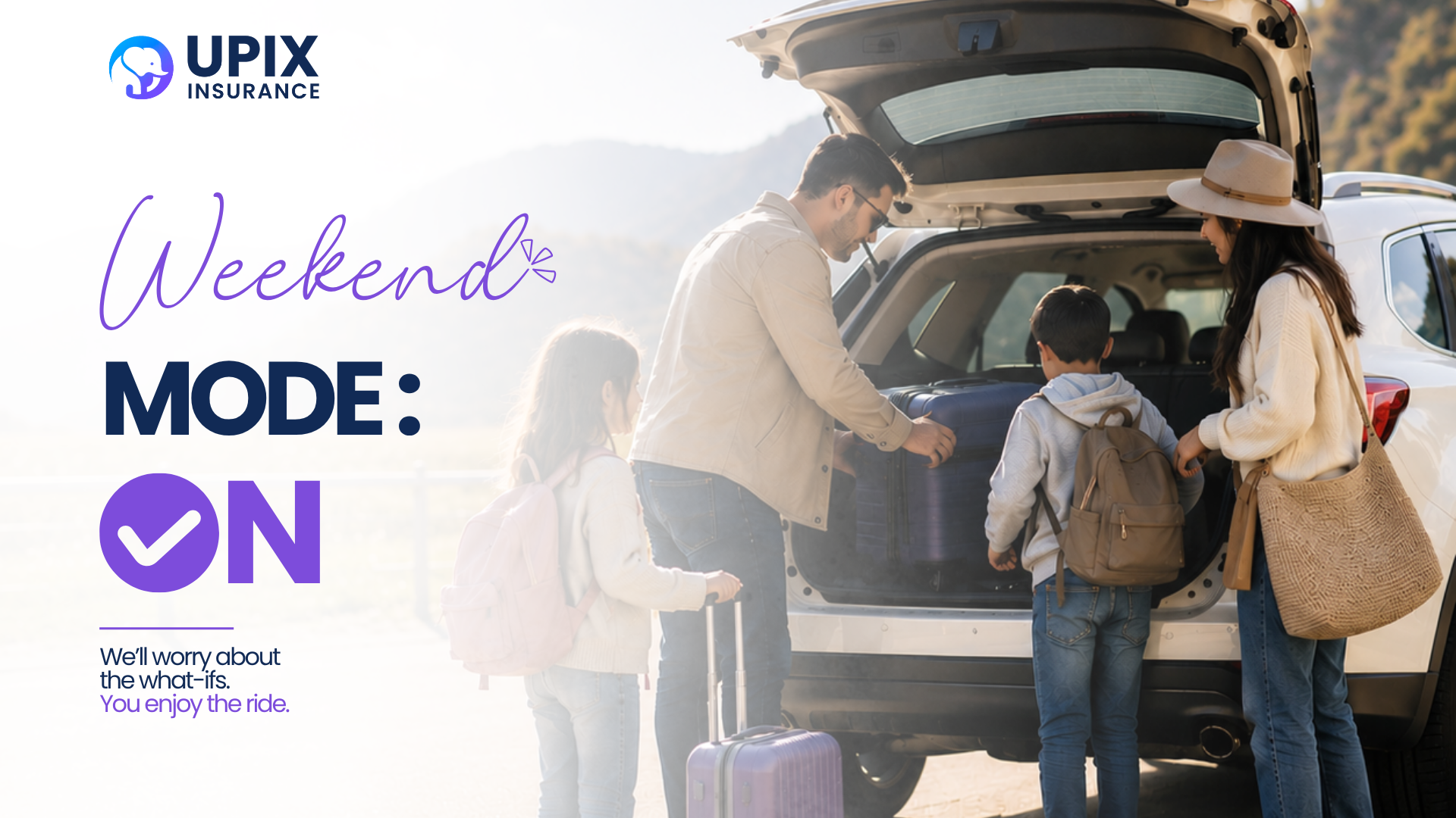 Family loading luggage into a white SUV before a weekend road trip with mountains in the background, representing safe travel, family protection, and auto insurance coverage in New Jersey.