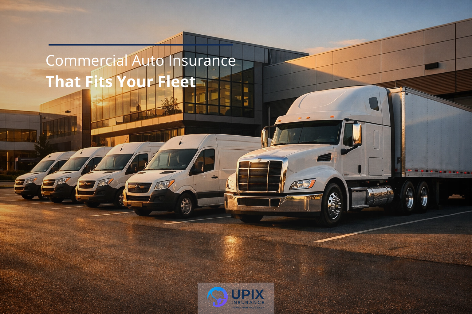 A fleet of white commercial delivery vans and trucks parked in a modern New Jersey industrial complex, representing business auto insurance options.
