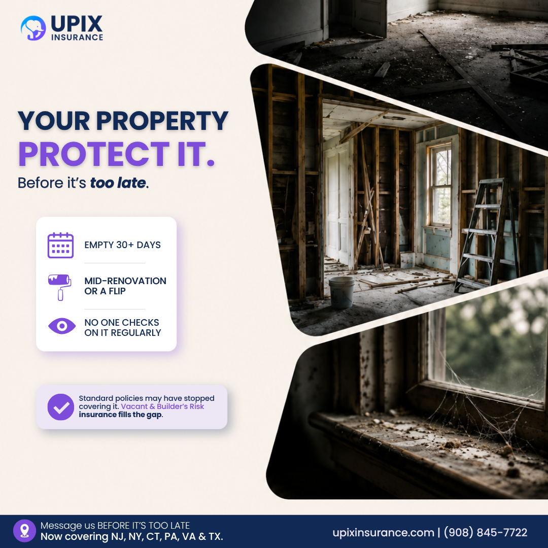 Checklist graphic listing three signs a vacant property is at risk, UPIX Insurance branding