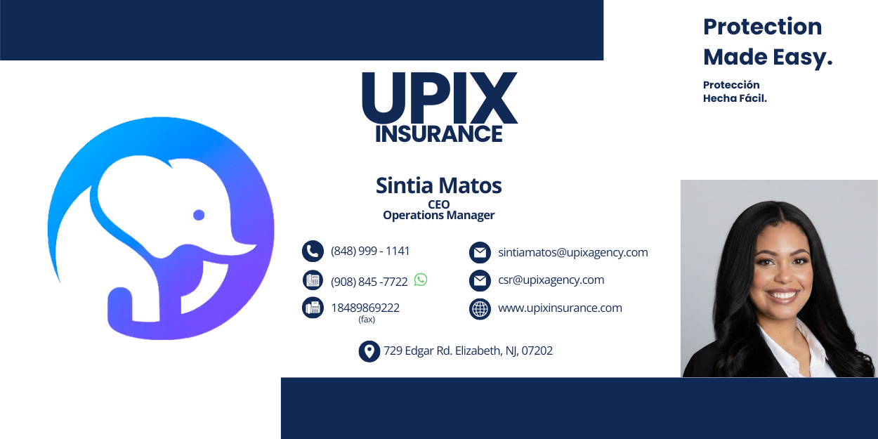 Business card for Upix Insurance featuring a blue and purple elephant logo, contact information for Sintia Matos, CEO & Operations Manager, including phone, email, and address, and a photo of a smiling woman in business attire with text emphasizing protection made easy.