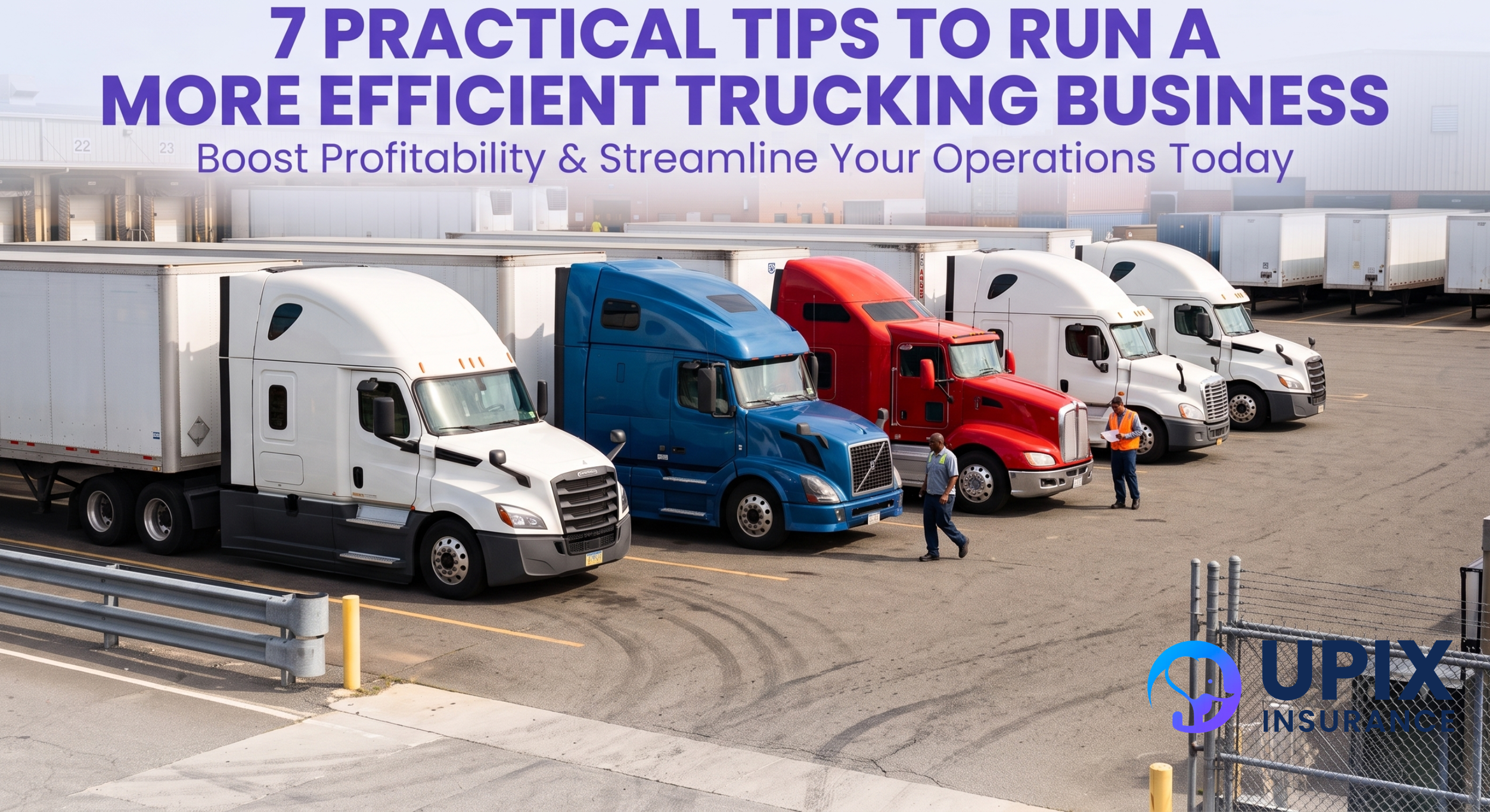 : A fleet of commercial semi-trucks parked neatly at a logistics hub under a clear blue sky.