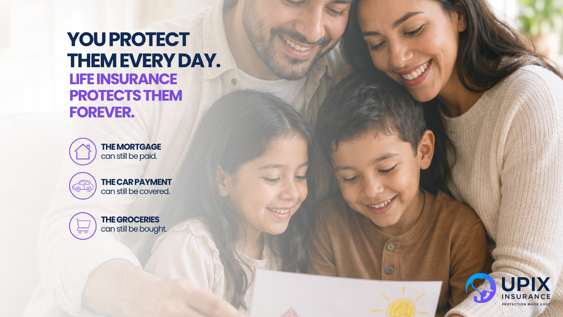 Happy family sitting together at home representing financial protection and peace of mind through life insurance coverage.