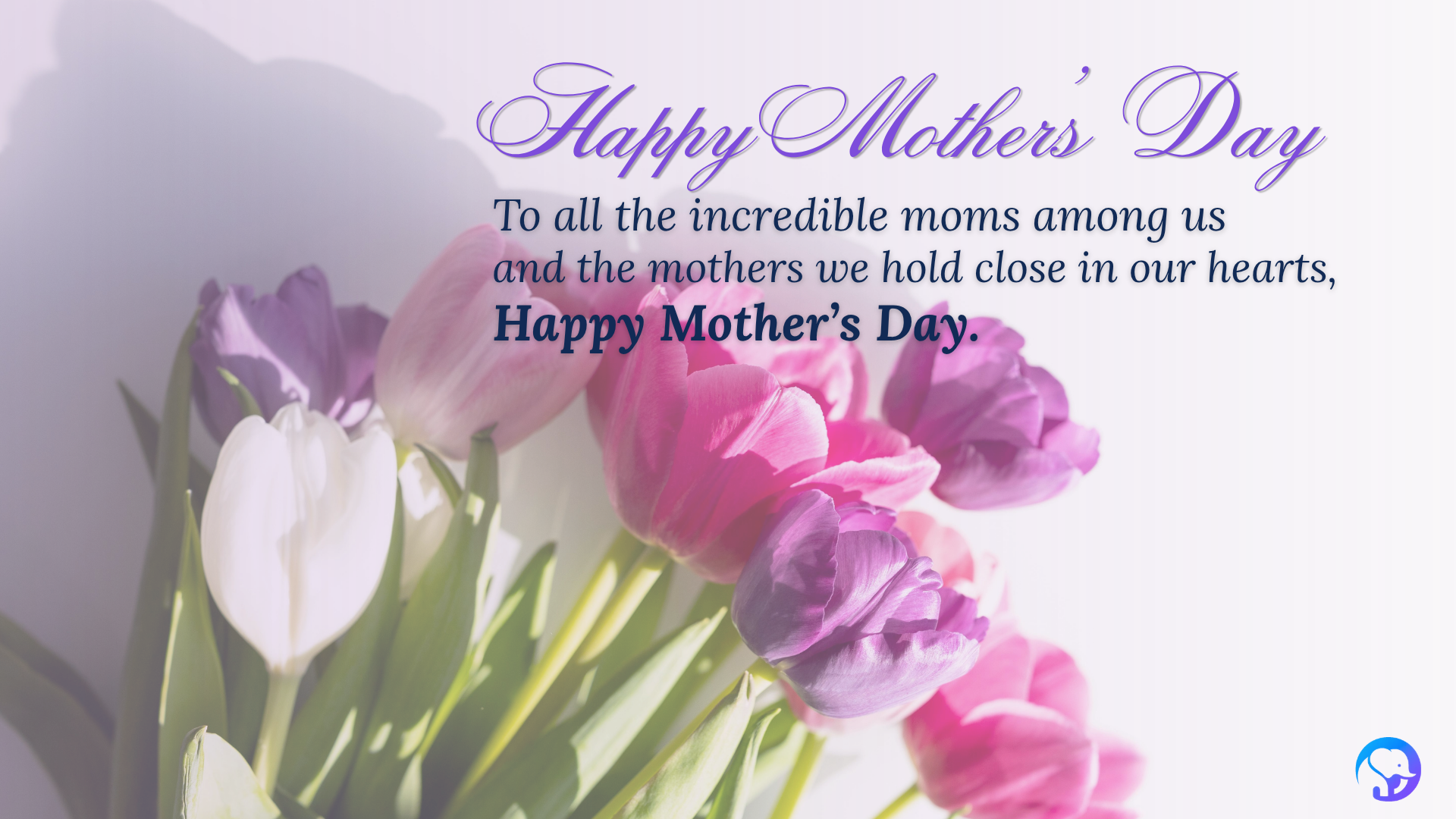 Pink and purple tulip bouquet with a Happy Mother’s Day message honoring mothers and families from UPIX