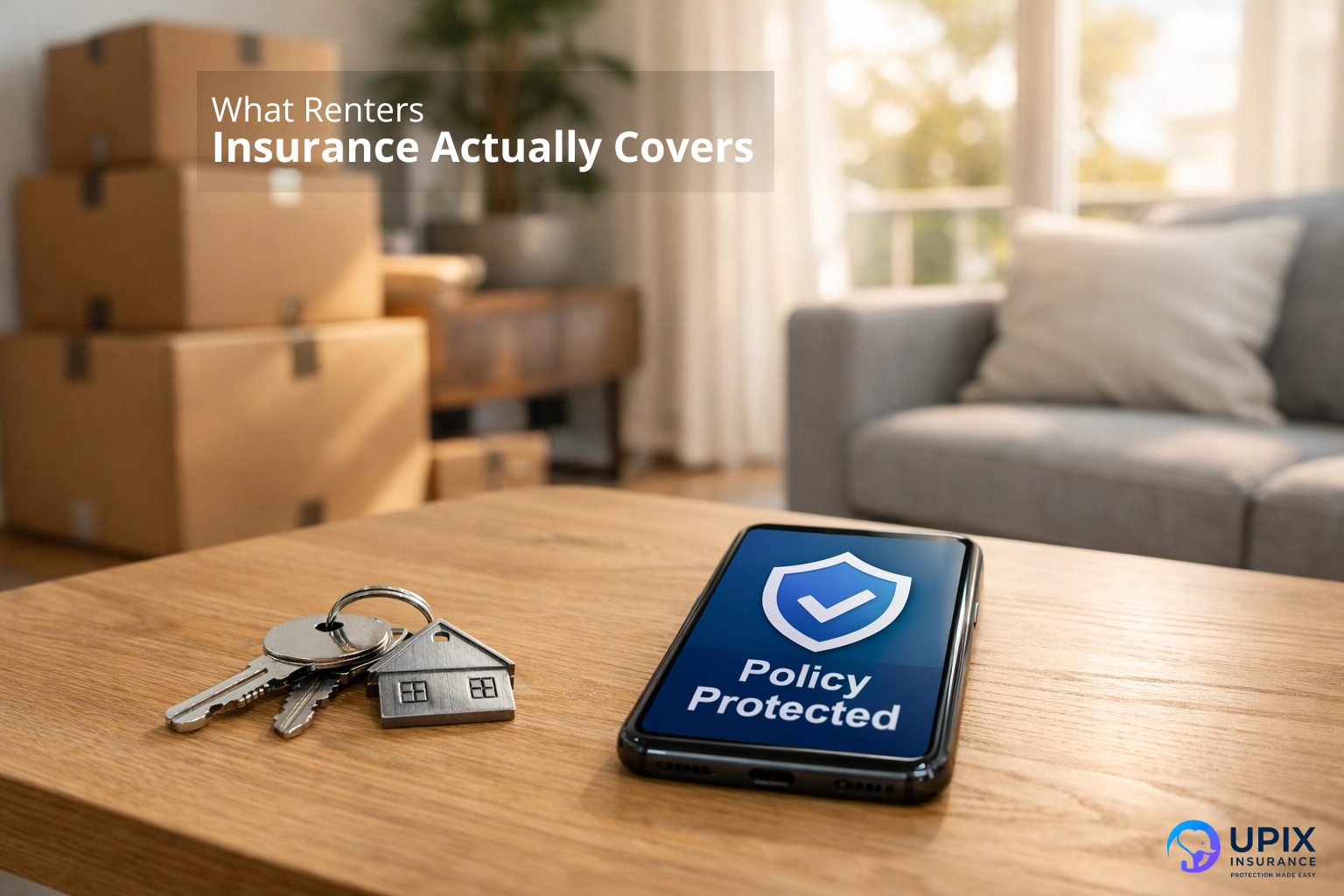 A cozy, modern apartment living room with moving boxes and a mobile phone, symbolizing a fresh start with renters insurance protection.