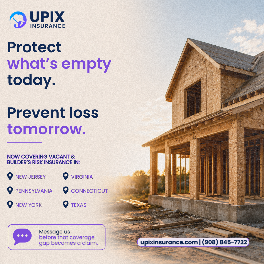 Graphic promoting UPIX vacant property and builder's risk insurance across NJ, NY, CT, PA, VA, and TX