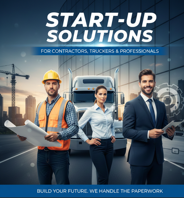 Three professionals, a construction worker, a woman in business attire, and a man in a suit, standing in front of a truck on a city street, with a digital graphics overlay and a cityscape in the background.