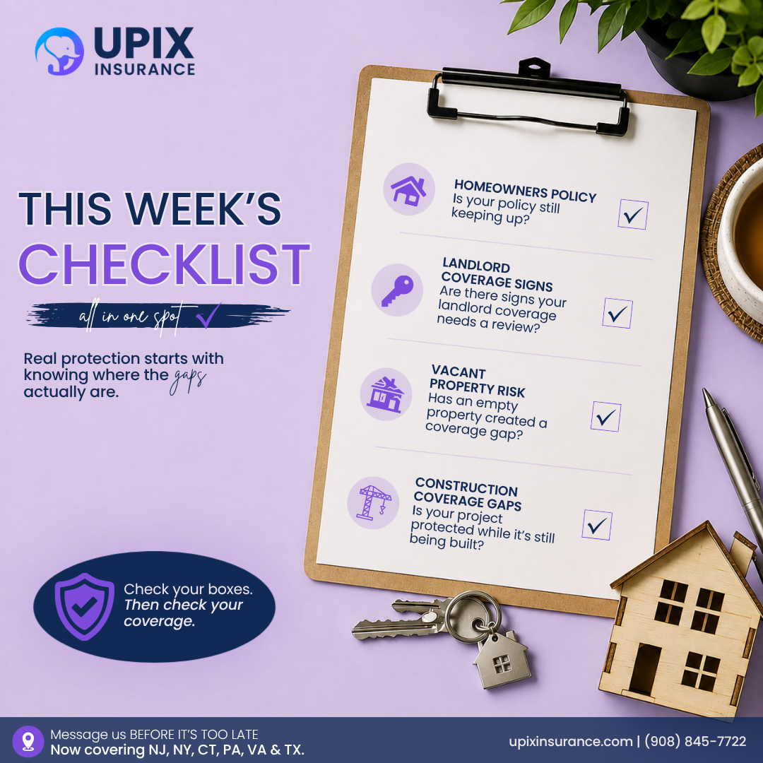 Recap graphic listing four property insurance checklist topics covered this week, UPIX Insurance branding