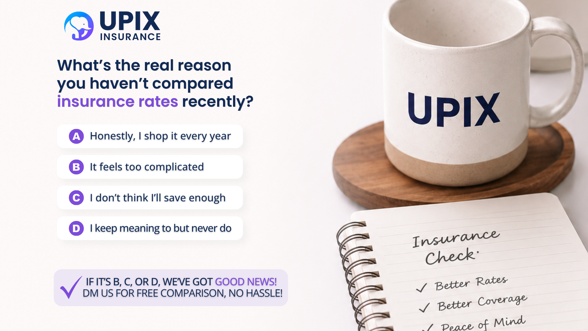 UPIX Insurance Wednesday poll graphic asking NJ residents what's stopped them from shopping their insurance rate, with four multiple choice answers