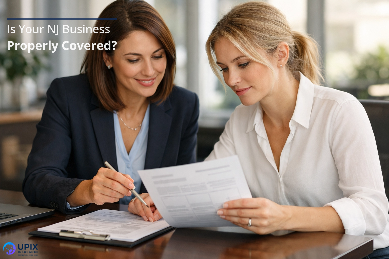 A New Jersey contractor and insurance agent reviewing business liability documents in a professional setting.