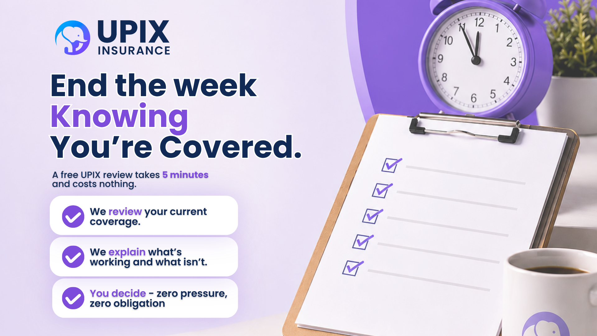 UPIX Insurance Friday action CTA graphic showing a 3-step free policy review process for NJ residents with a call to action to upixinsurance.com