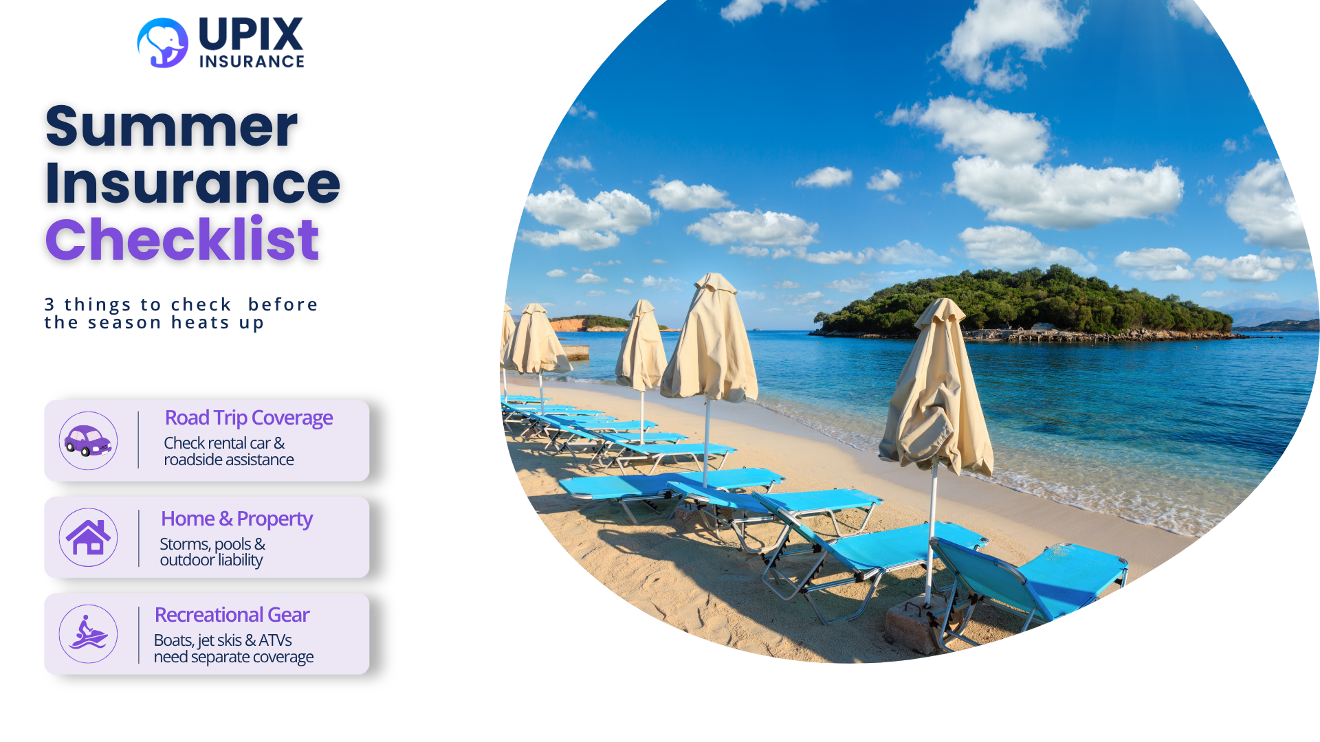 UPIX Insurance summer checklist graphic covering road trip coverage, home and property protection, and recreational gear insurance