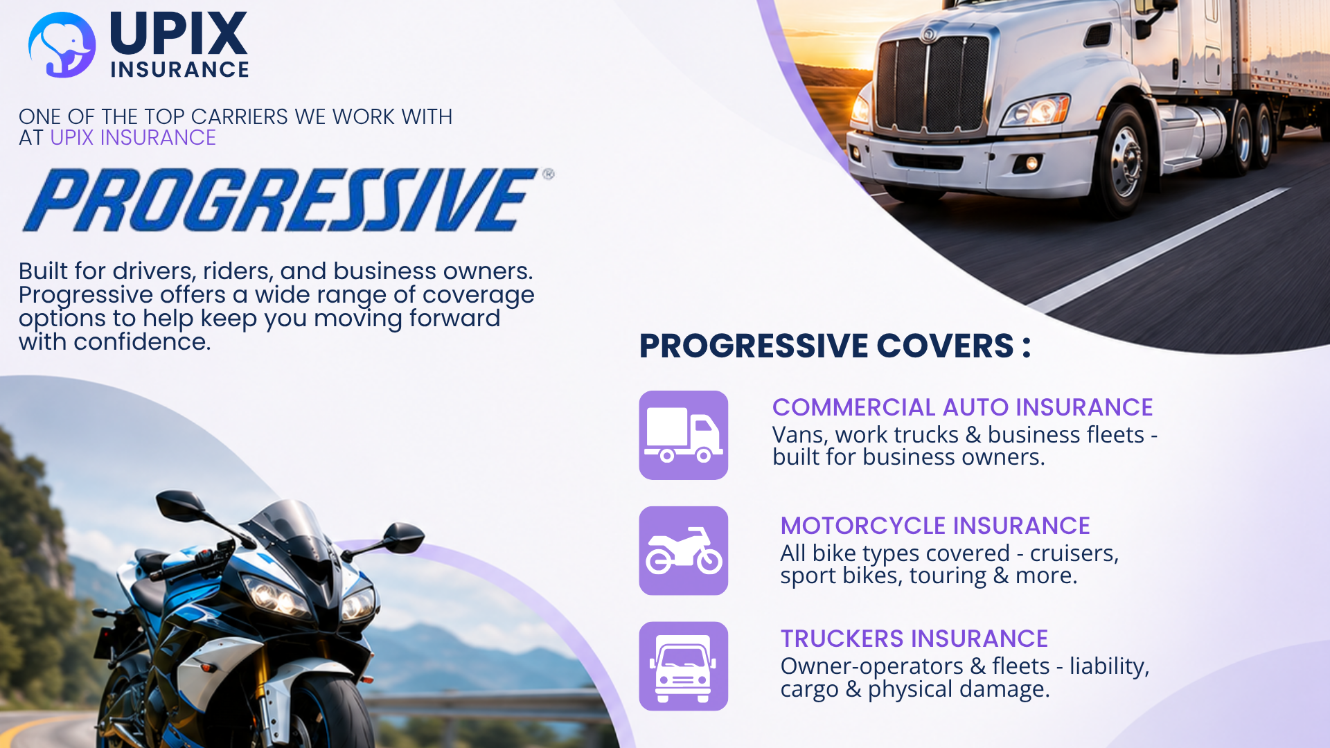 UPIX Insurance carrier spotlight graphic featuring Progressive Insurance with three products: commercial auto, motorcycle insurance, and truckers insurance available through UPIX in Elizabeth NJ