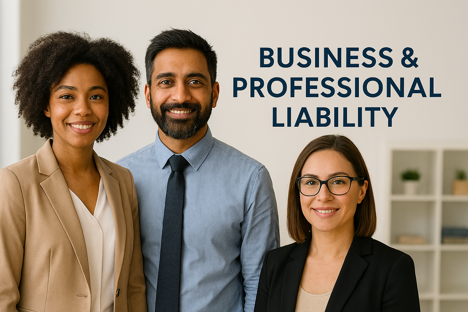 Three diverse business professionals smiling in an office, with a sign that reads 'Business & Professional Liability' in the background.