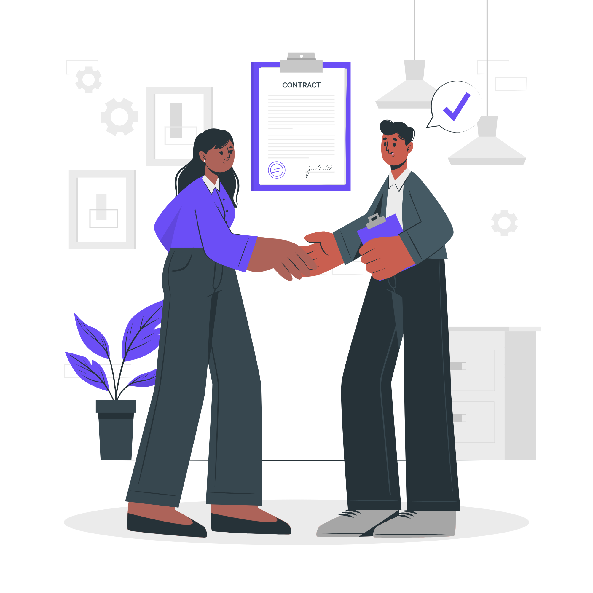Two businesspeople shaking hands in an office with a contract on the wall, a potted plant, and cabinets in the background.