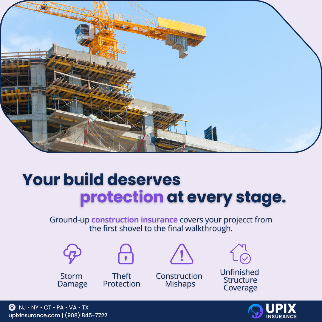 Graphic posing the problem of storm damage to an unfinished structure and offering UPIX ground-up construction insurance as the fix