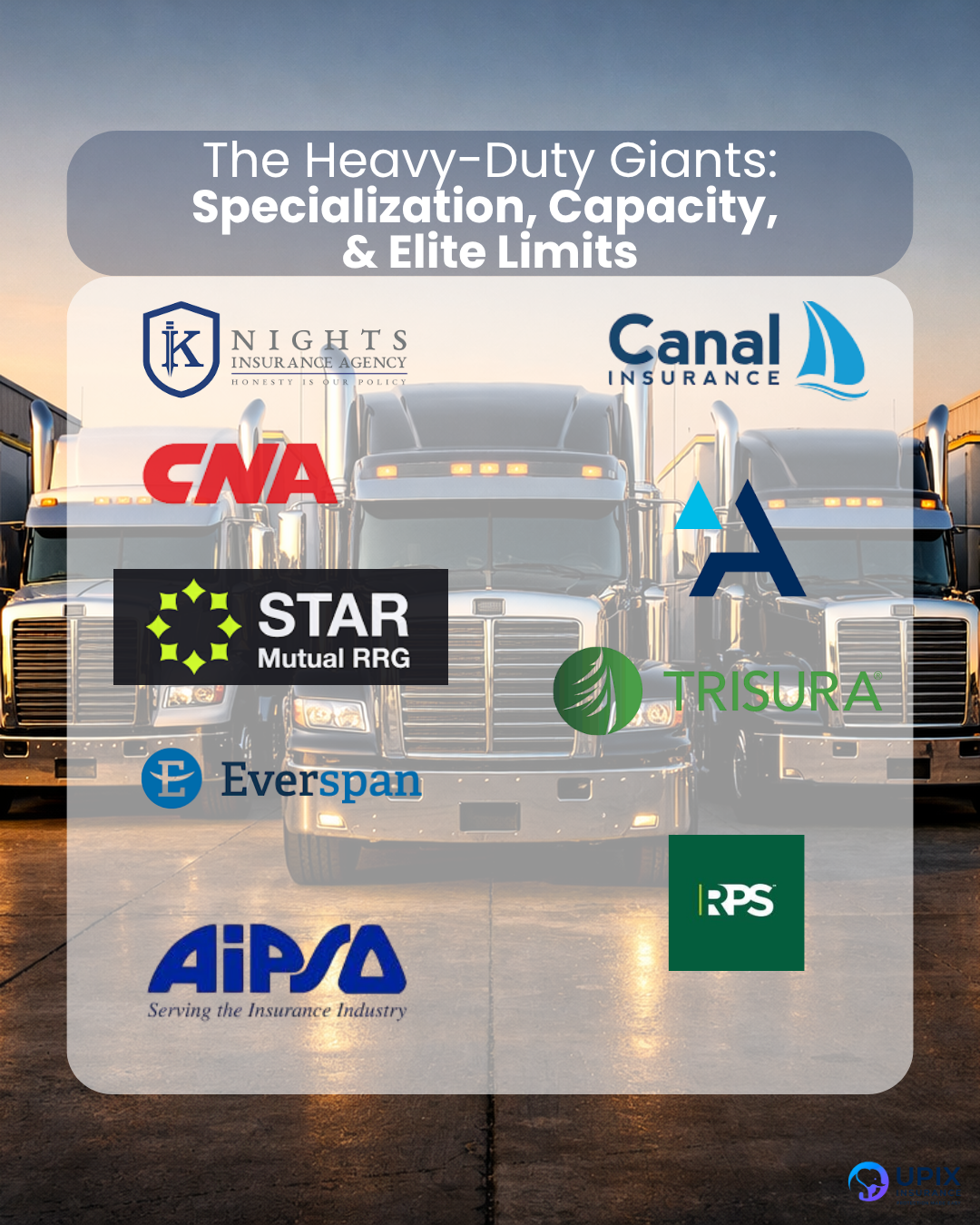 : Graphic of UPIX Agency trucking partners including Canal, CNA, Trisura, and Knight Insurance under the title 'The Heavy-Duty Giants', representing specialized capacity and elite limits.