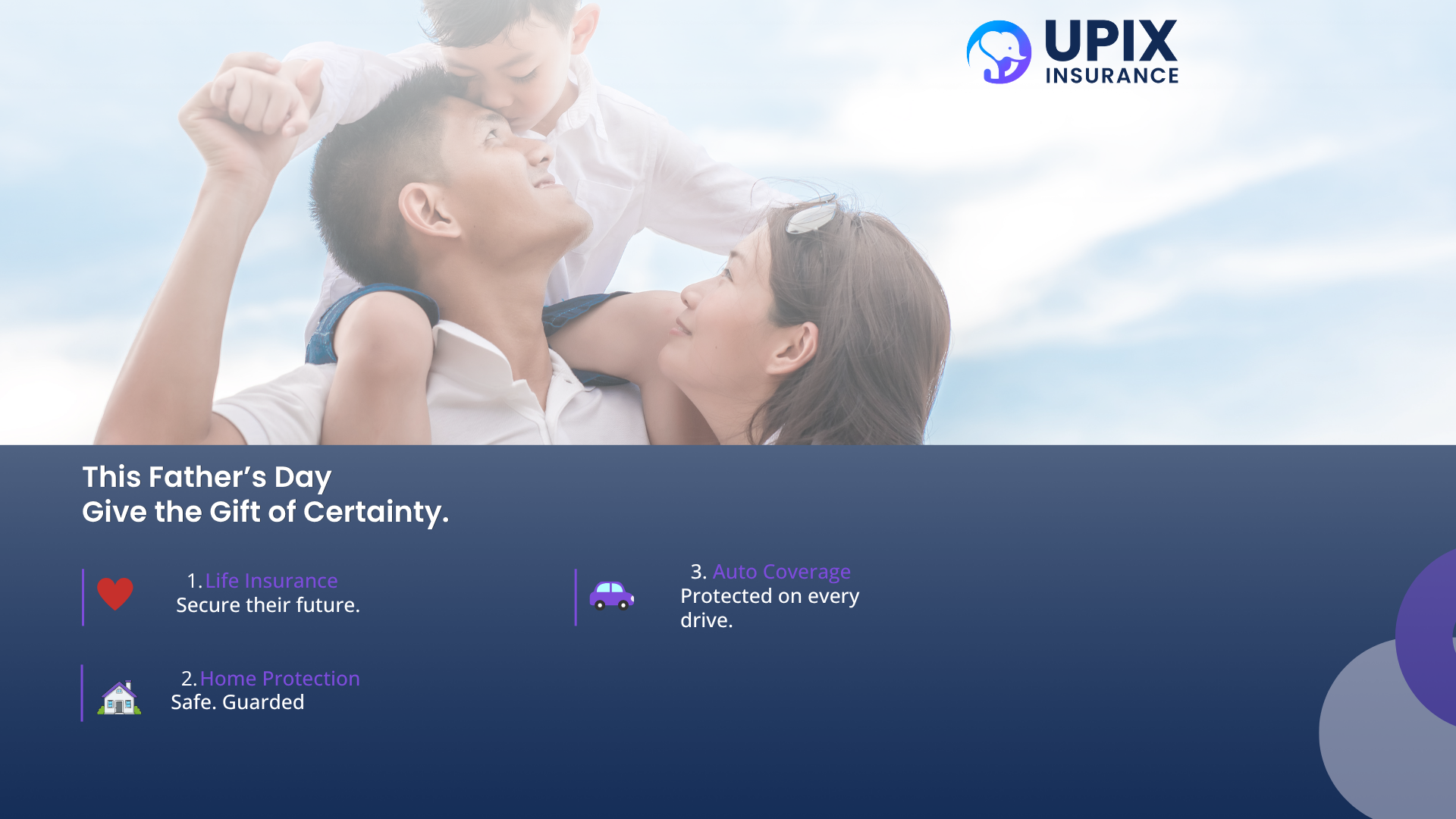UPIX Insurance Father's Day graphic highlighting life insurance, home protection, and auto coverage as the best gifts for family security
