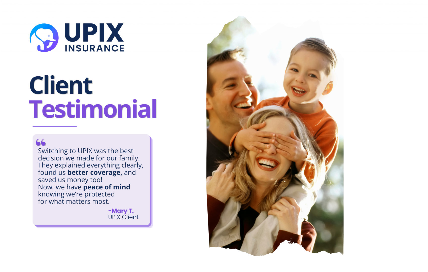 UPIX Insurance client testimonial graphic with five-star rating from a satisfied customer in Elizabeth, NJ