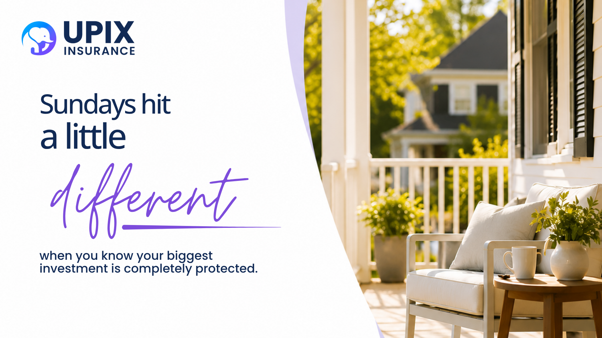Family relaxing on a sunny front porch with coffee, representing the comfort and peace of mind that comes from having homeowners insurance through UPIX Insurance.