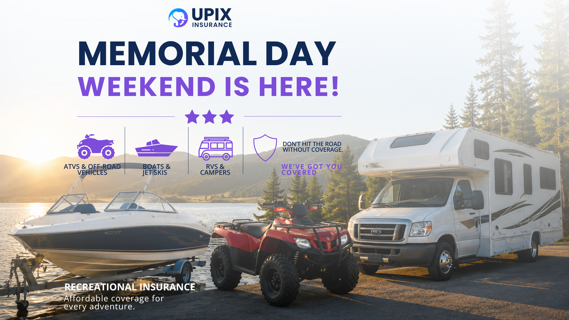 Boat, ATV, and RV at a lakeside campsite representing recreational vehicle insurance coverage in New Jersey.