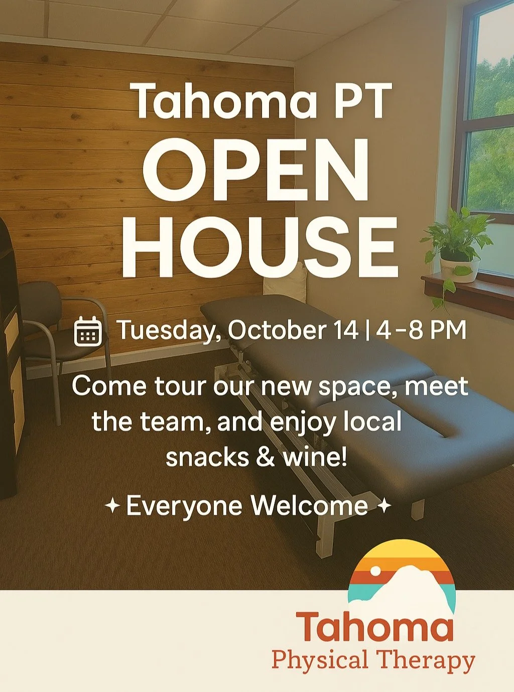✨ One week to go! ✨
We’re counting down the days to our Open House at TahomaPT — happening next Tuesday, October 14th from 4–8 PM!
Come check out our beautiful new space, meet our amazing therapists, and learn more about the servic