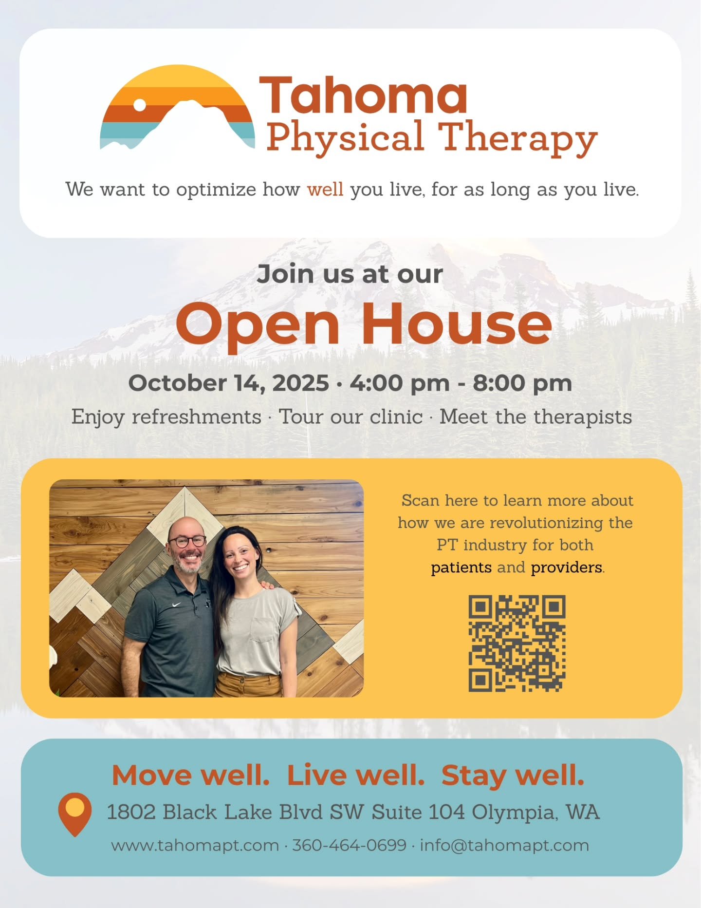TahomaPT is having an Open House and YOU'RE INVITED! 

✔️ come say Hi!
✔️ check out our space
✔️ ✔️ ✔️ enjoy wine from Olympia's own Endless Sound Cellars

Bring a friend and stop by! We'd love to see you!

#openhouse #sayhi #physicaltherapy #movewel
