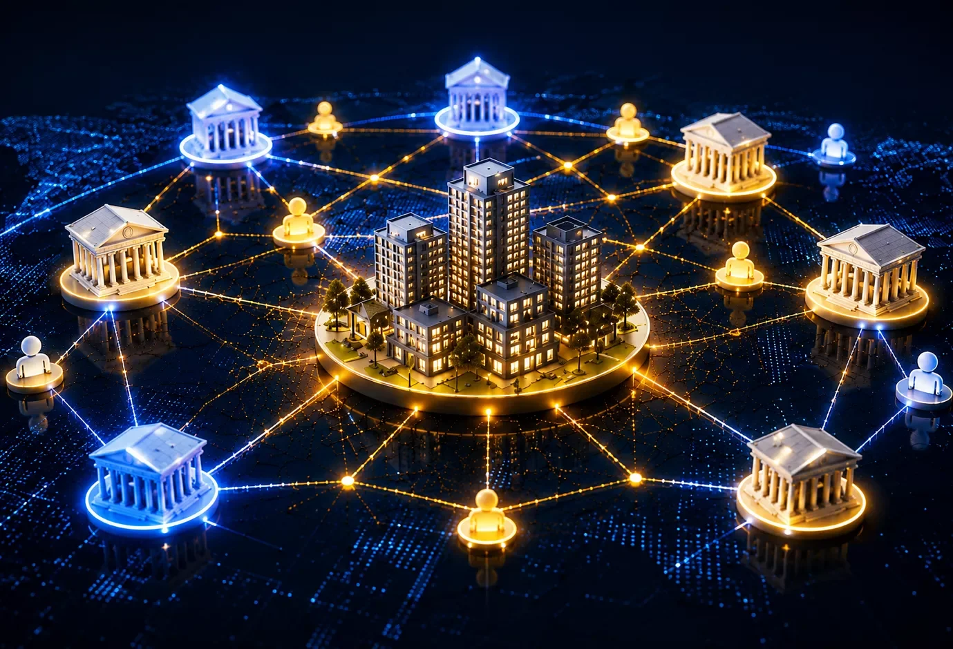 buildings connected in a tech-looking web between people and banks