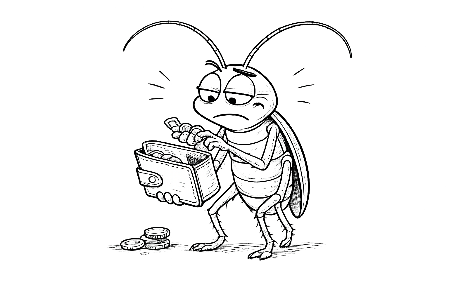 cockroach unhappy looking at an empty wallet