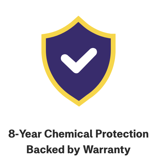 Shield icon with check mark, labeled '8-Year Chemical Protection Backed by Warranty'.