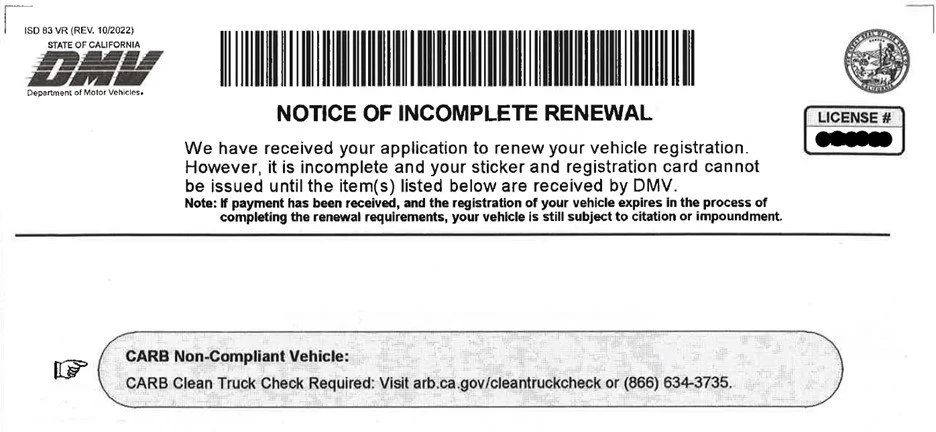 Dmv letter notice for CARB clean truck inpection