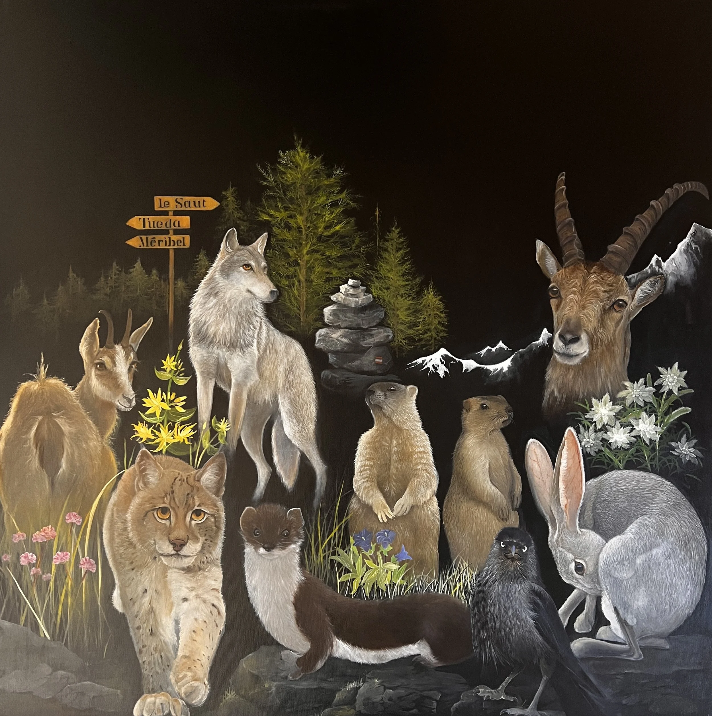 "Bestiaire de montagne" huile sur toile 100x100