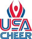 USA Cheer logo featuring a stylized cheerleader figure above the text 'USA CHEER' in red and blue colors.