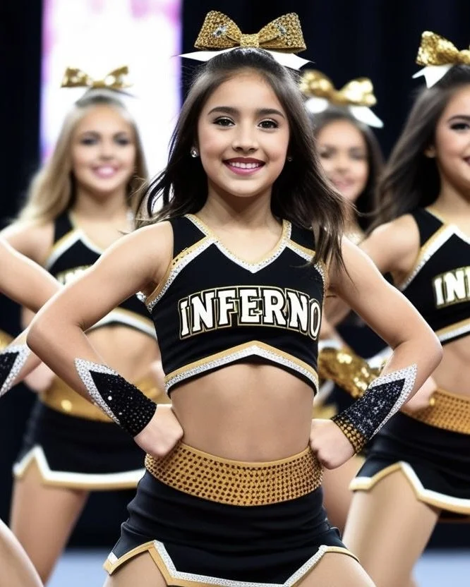 middle school ages cheerleaders with gold and black “Inferno” uniforms with no belly showing on stage at cheer competition picture from far back .jpeg