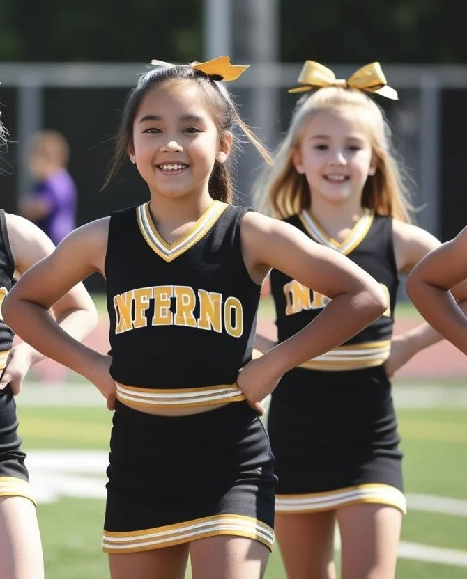 cheerleader children practicing in black and gold shirts that say Inferno playing outside.jpeg
