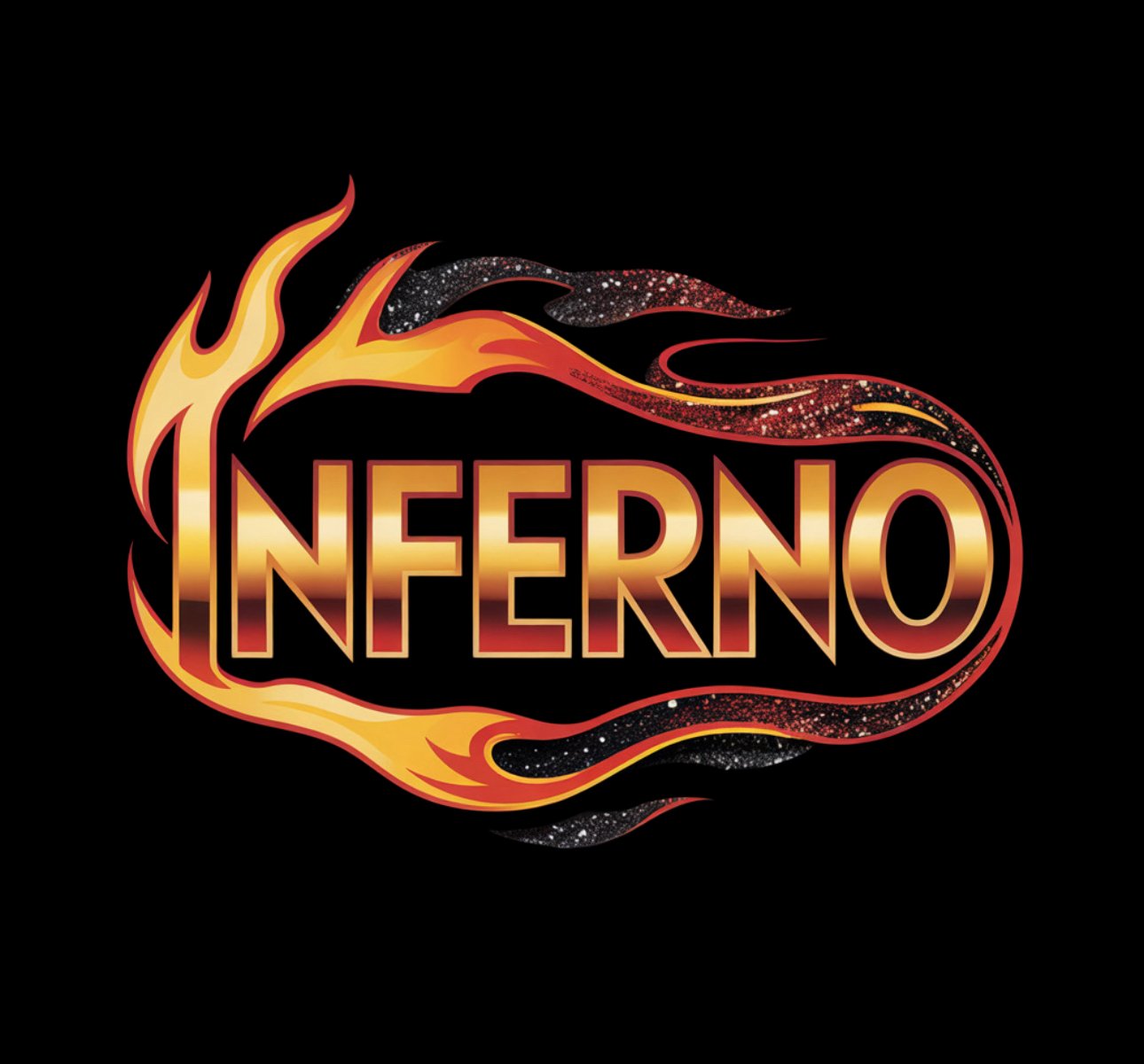 The word 'Inferno' in bold letters with a fiery flame and trail design surrounding it, against a black background.