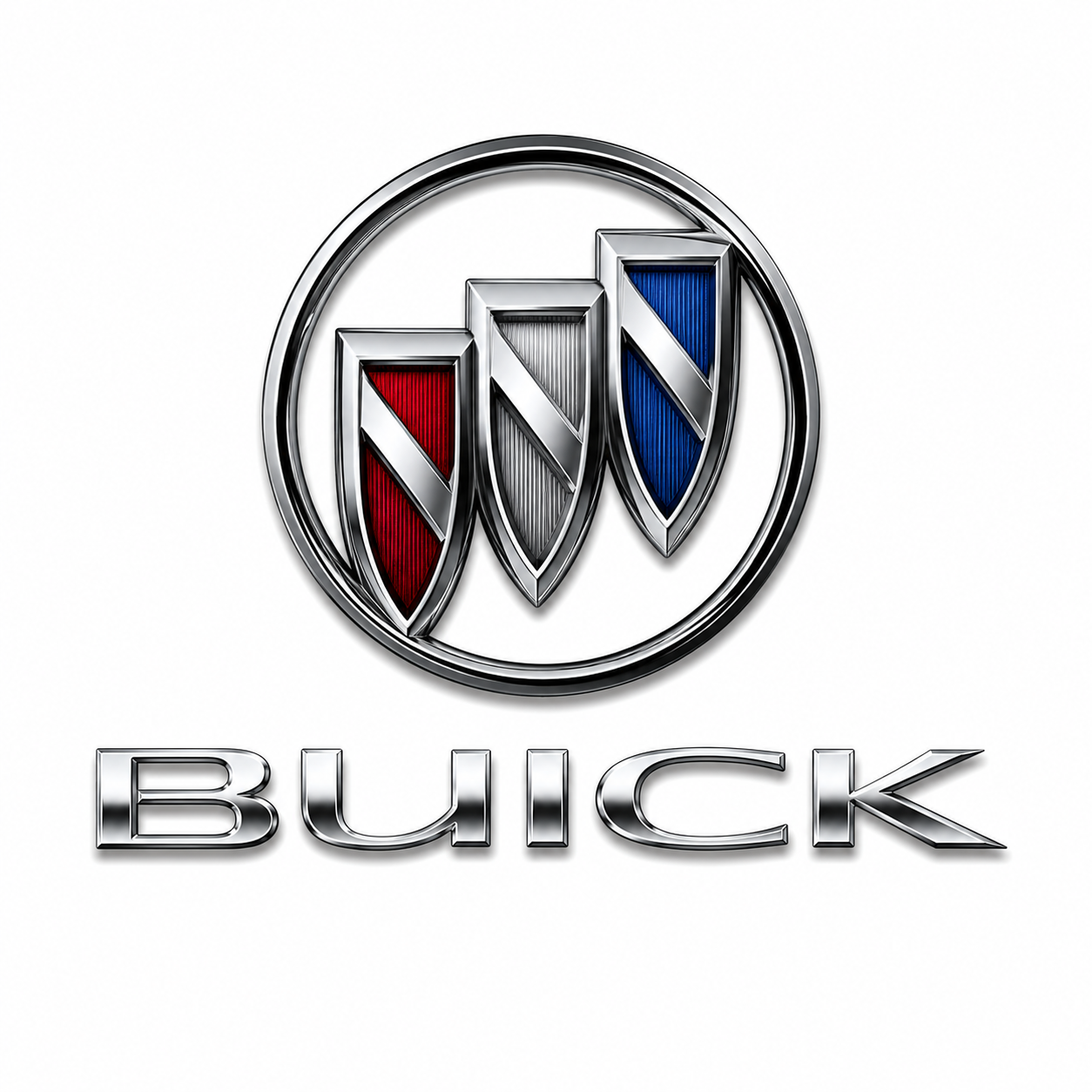 Buick logo with a chrome emblem divided into red, gray, and blue sections, and the word "BUICK" underneath in chrome letters.