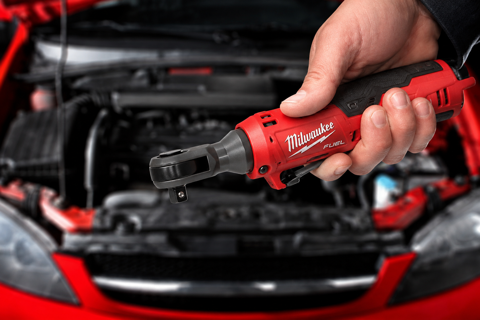 Close-up of a person's hand holding a red Milwaukee fuel cordless electric impact wrench over an open car hood.