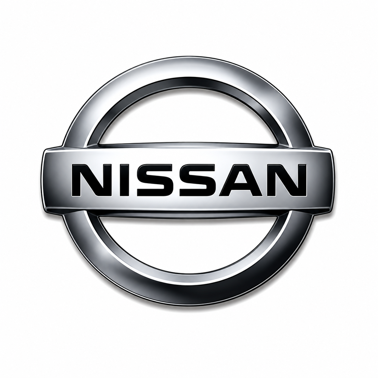 Silver Nissan logo with the brand name in black letters on a metallic background.