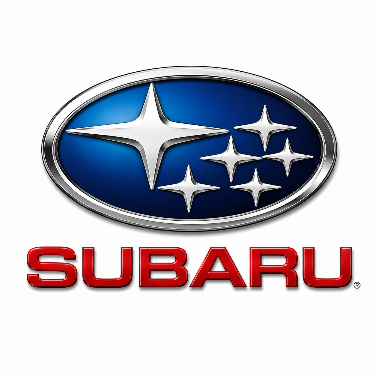 Subaru logo with six silver stars on a blue oval background, and the word SUBARU in red capital letters below.