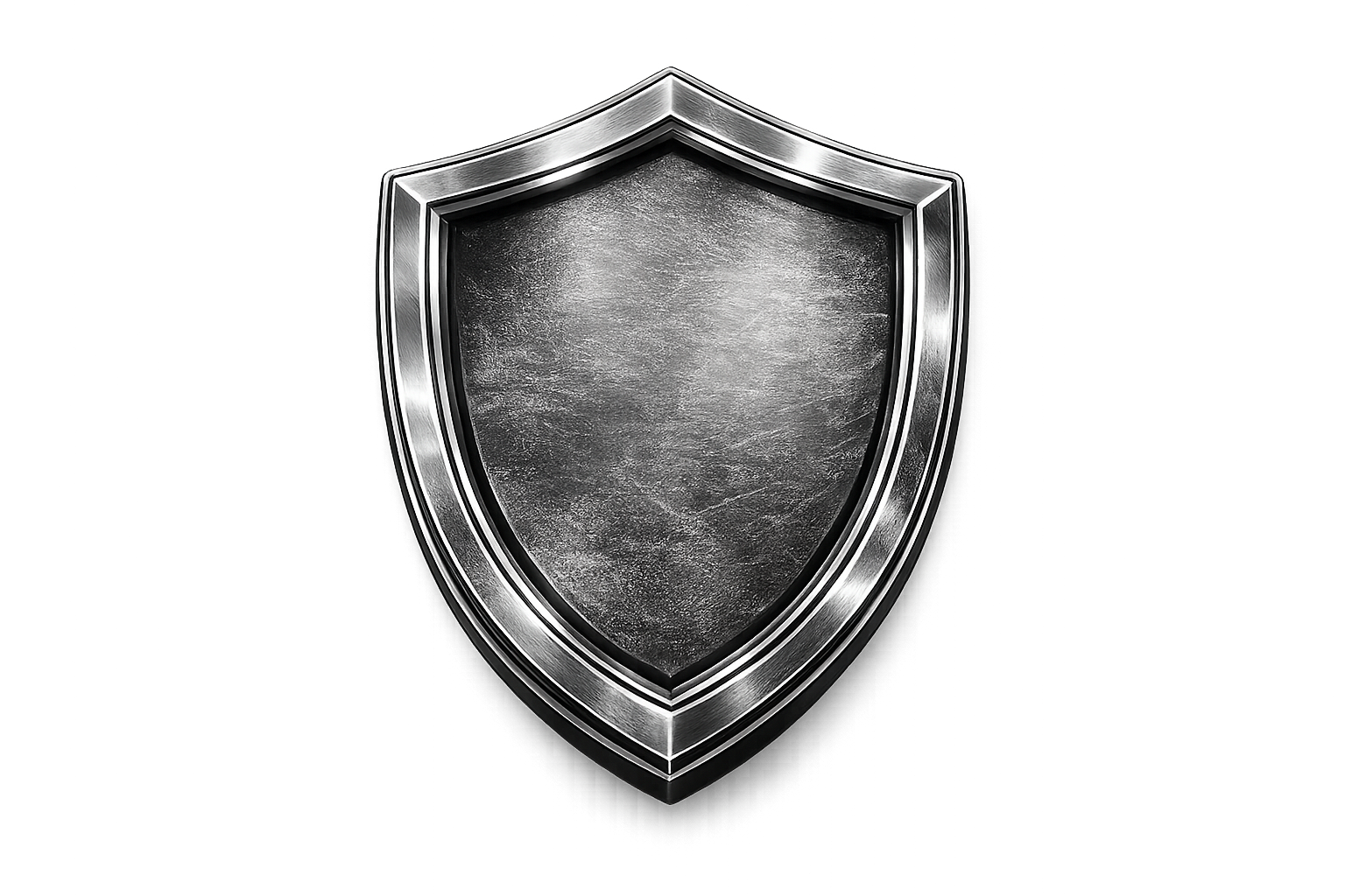 A metallic shield with a textured, matte silver center and shiny, polished metallic border.