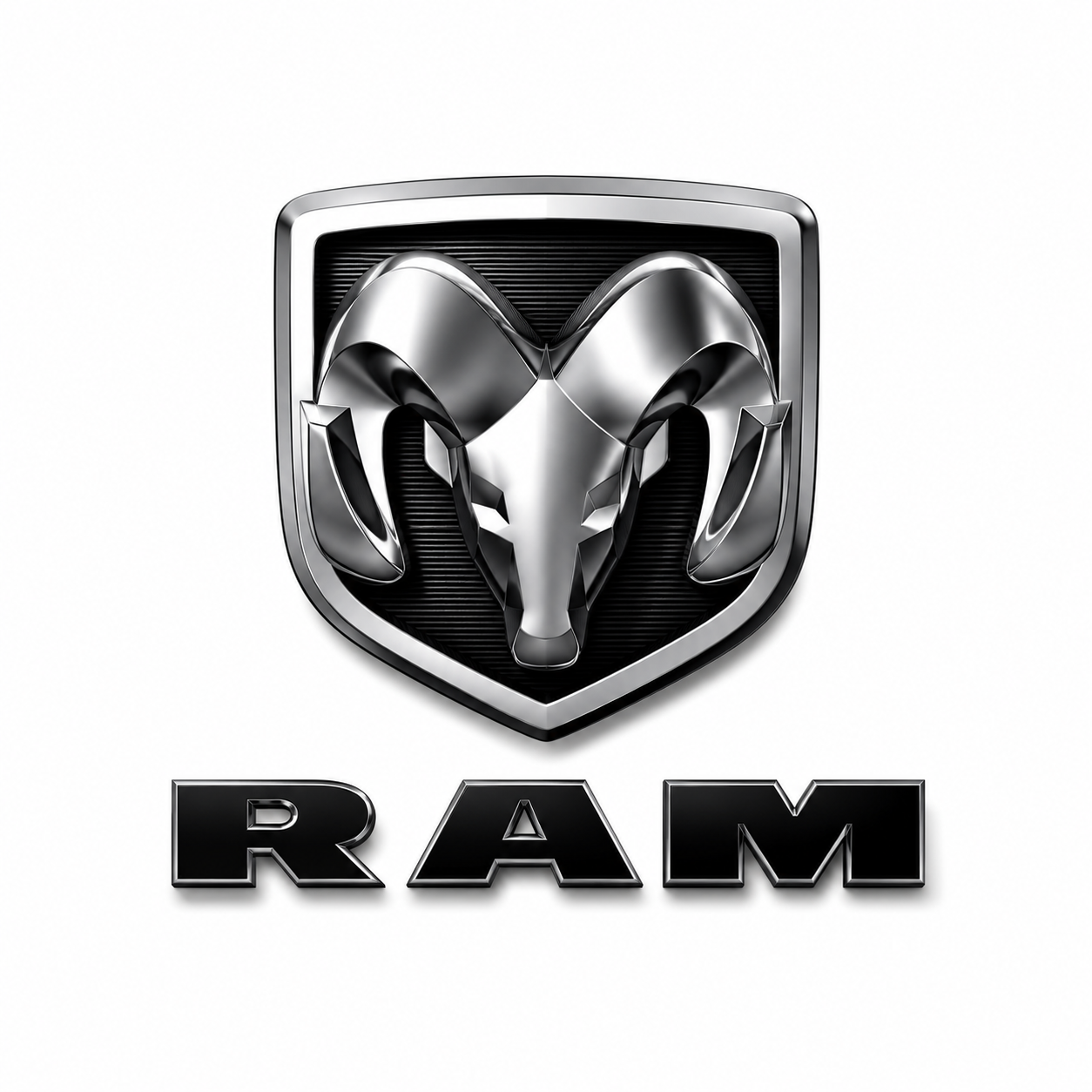 Silver RAM truck logo with a ram's head emblem above the word 'RAM' in metallic letters.